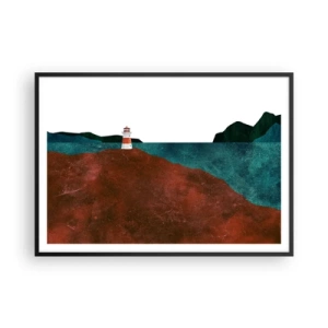Poster in cornice nera - Un faro sullo sfondo delle montagne e del mare - 100x70cm - Contemplando il mare - Decorazione murale moderna per soggiorno e camera da letto ARTTOR