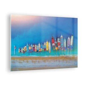 Quadro su vetro - Barche colorate sulla riva del mare turchese - 70x50cm - A volo d'uccello - Decorazione murale moderna per soggiorno e camera da letto ARTTOR