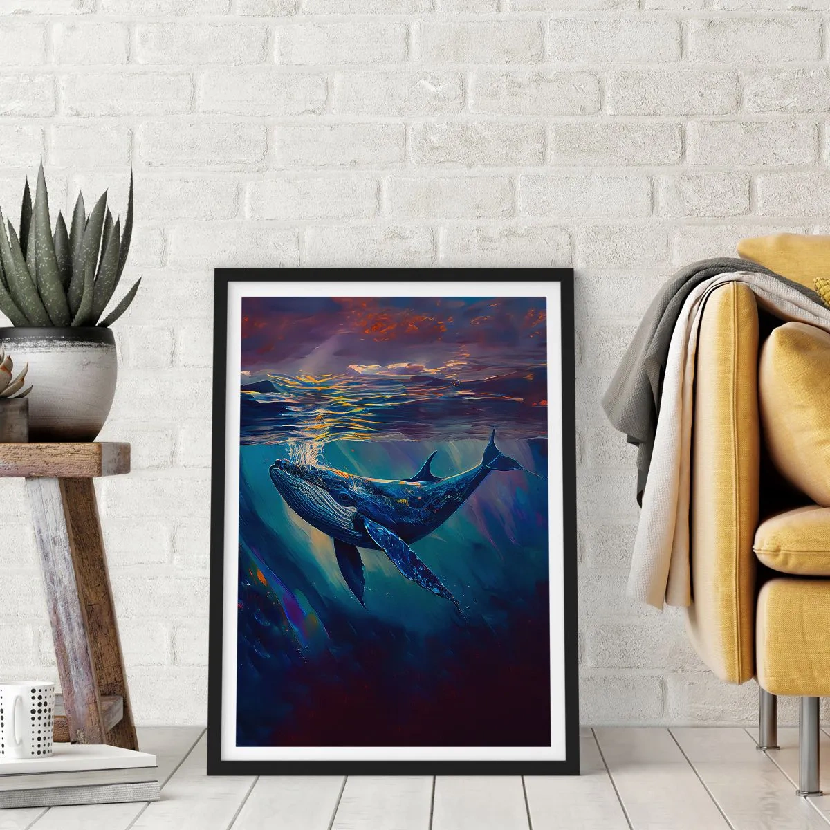 Poster in cornice nera - Un'immagine suggestiva di una balena illuminata da luce subacquea - 50x70cm - Benvenuti nel mio mondo - Decorazione murale moderna per soggiorno e camera da letto ARTTOR