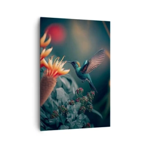 Quadro su tela - Stampe su Tela - Un colibrì colorato tra i fiori su uno sfondo naturale - 70x100cm - Una vita davvero a colori - Decorazione murale moderna per soggiorno e camera da letto ARTTOR
