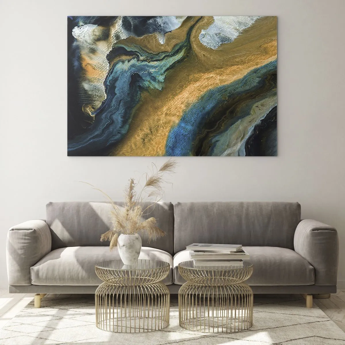 Quadro su vetro - Composizione astratta nei toni del blu e dell'oro - 120x80cm - Blu-oro: influenza reciproca - Decorazione murale moderna per soggiorno e camera da letto ARTTOR