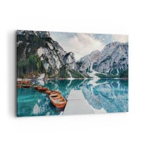 Quadro su tela - Stampe su Tela - Un lago con barche circondato da montagne - 100x70cm - Ti mostriamo la bellezza - Decorazione murale moderna per soggiorno e camera da letto ARTTOR