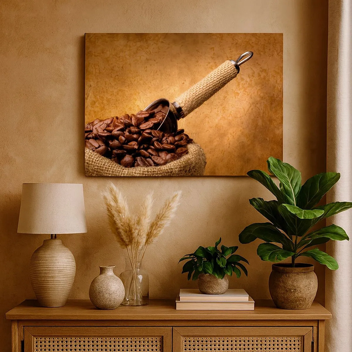 Quadro su tela - Stampe su Tela - Chicchi di caffè in un sacchetto di iuta con un cucchiaio di metallo - 70x50cm - Alla fonte del gusto - Decorazione murale moderna per soggiorno e camera da letto ARTTOR