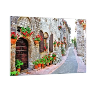 Quadro su vetro - Una pittoresca strada con muri in pietra e fiori rossi - 120x80cm - Atmosfera italiana - Decorazione murale moderna per soggiorno e camera da letto ARTTOR
