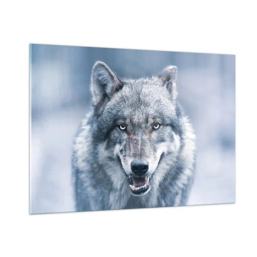 Quadro su vetro - Un lupo dallo sguardo penetrante sullo sfondo di una foresta innevata - 100x70cm - Accetti la sfida? - Decorazione murale moderna per soggiorno e camera da letto ARTTOR
