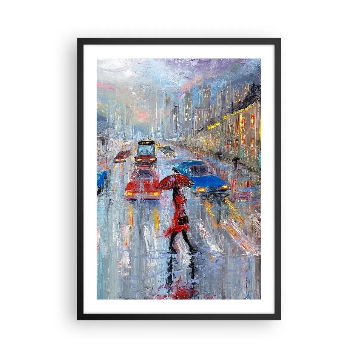 Poster in cornice nera - Paesaggio urbano impressionista sotto la pioggia - 50x70cm - Pomeriggio di pioggia in città - Decorazione murale moderna per soggiorno e camera da letto ARTTOR