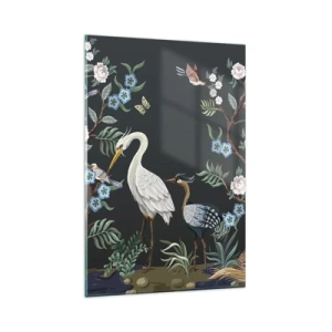 Quadro su vetro - Uccelli e piante dipinti su uno sfondo scuro con un motivo elegante - 80x120cm - La parata degli uccelli - Decorazione murale moderna per soggiorno e camera da letto ARTTOR