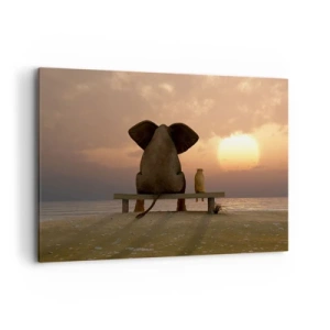 Quadro su tela - Stampe su Tela - Un elefante e un cane sono seduti su una panchina sulla spiaggia durante il tramonto. - 120x80cm - A volte bisogna tacere - Decorazione murale moderna per soggiorno e camera da letto ARTTOR
