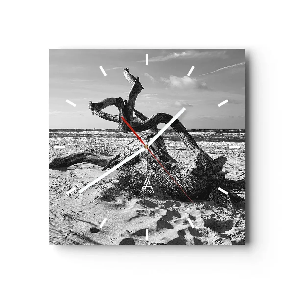 Orologio da parete - Orologio in Vetro - Paesaggio in bianco e nero con un albero morto sulla spiaggia - 30x30cm - Scolpito dal mare - Decorazione murale moderna per soggiorno e camera da letto ARTTOR