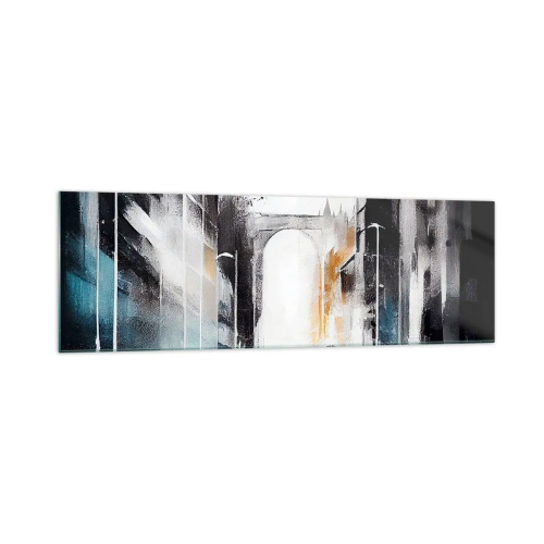 Quadro su vetro - Panorama astratto della città con un ponte ad arco - 160x50cm - Studio di città: architettura e movimento - Decorazione murale moderna per soggiorno e camera da letto ARTTOR