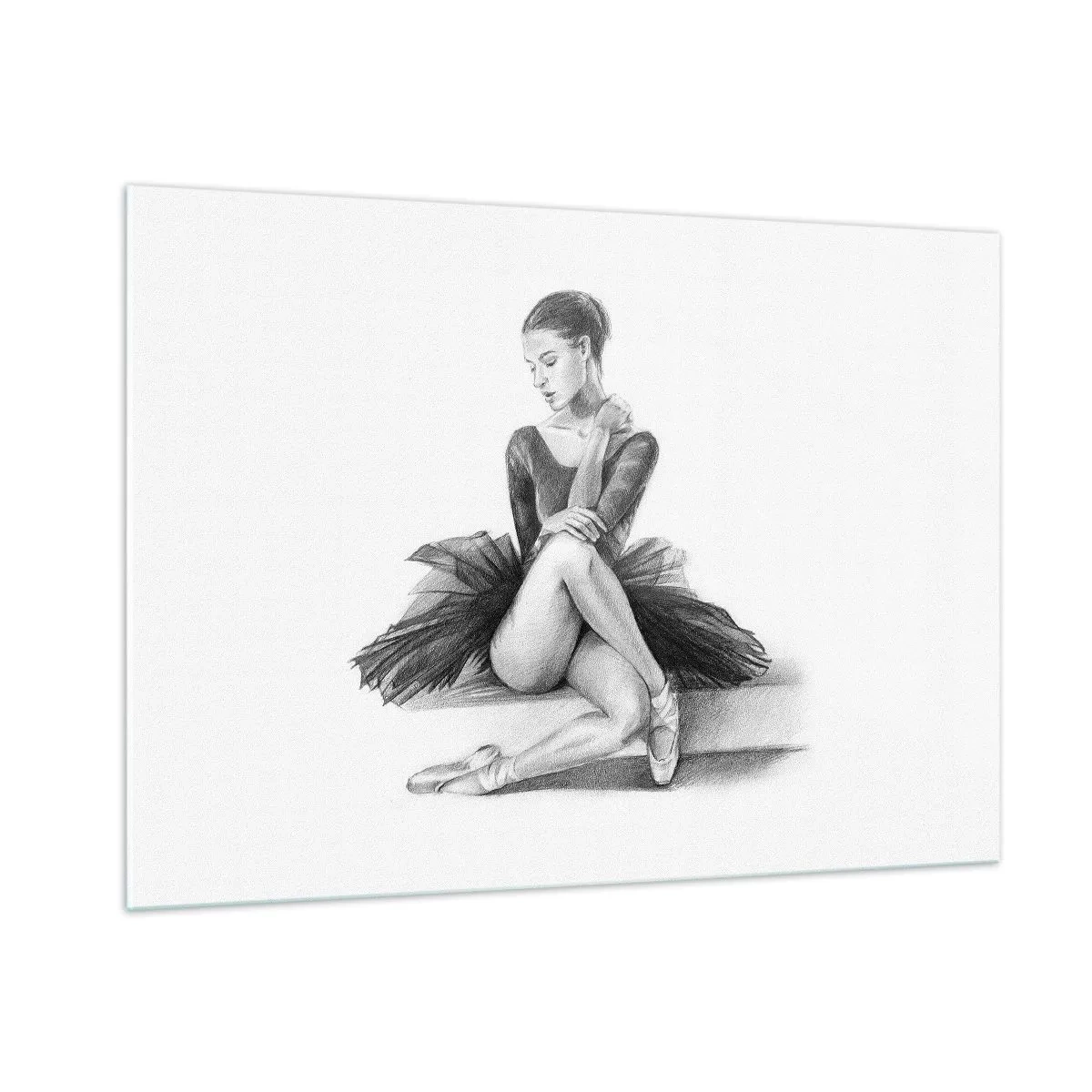 Quadro su vetro - Schizzo di una ballerina in abito nero in posa pensierosa - 100x70cm - Incantata dalla danza - Decorazione murale moderna per soggiorno e camera da letto ARTTOR
