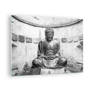 Quadro su vetro - Statua in bianco e nero del Buddha in posa meditativa - 70x50cm - Alla fonte della pace - Decorazione murale moderna per soggiorno e camera da letto ARTTOR