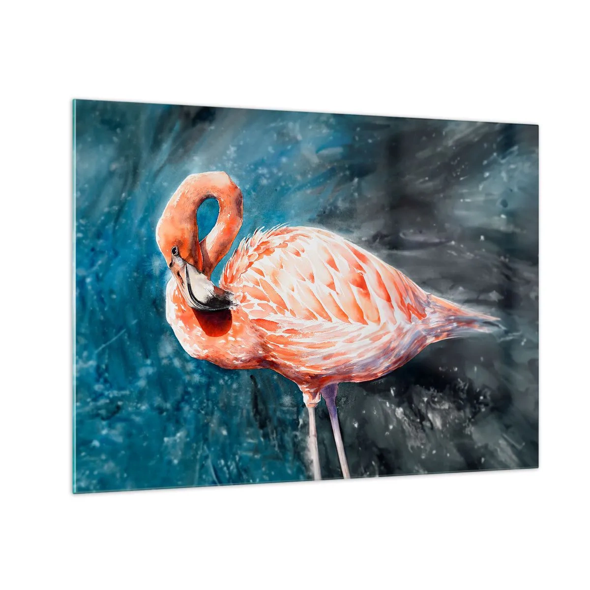 Quadro su vetro - Un fenicottero rosa su uno sfondo acquerello blu - 70x50cm - Naturalmente decorativo  - Decorazione murale moderna per soggiorno e camera da letto ARTTOR