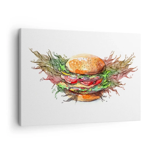 Quadro su tela - Stampe su Tela - Illustrazione artistica di un hamburger con elementi dinamici - 70x50cm - Una tentazione calda - Decorazione murale moderna per soggiorno e camera da letto ARTTOR