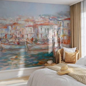 Fotomurali Premium Sand - Vacanze in pastello - Città portuale, Architettura, Peschereccio - 350x256 cm
