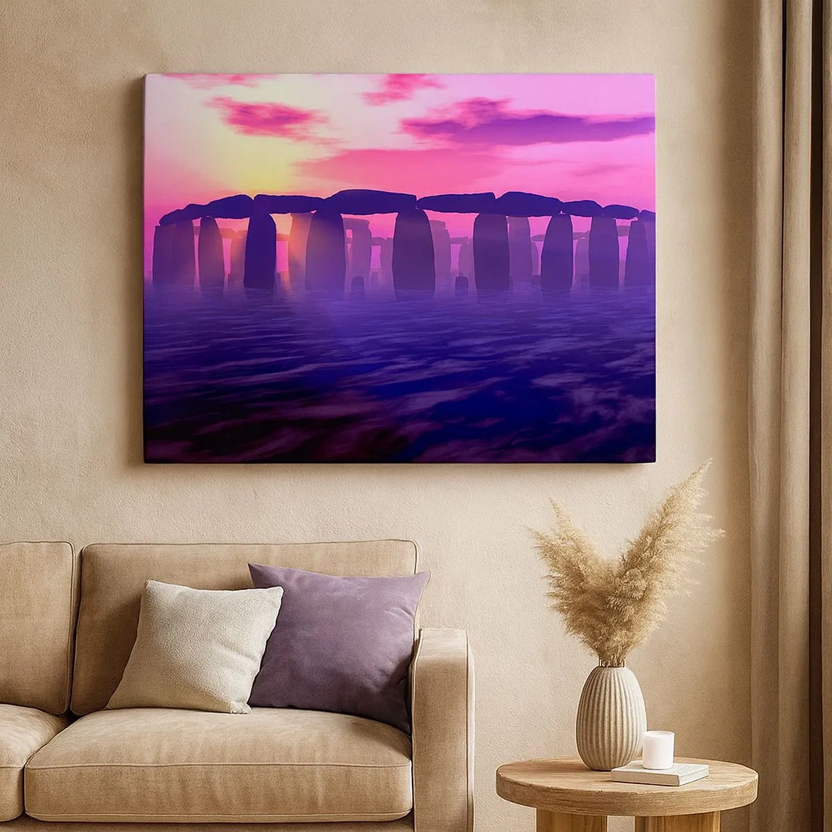 Quadro su tela - Stampe su Tela - Cerchio di pietre al tramonto con cielo viola - 70x50cm - Mistero in un'alba nebbiosa - Decorazione murale moderna per soggiorno e camera da letto ARTTOR