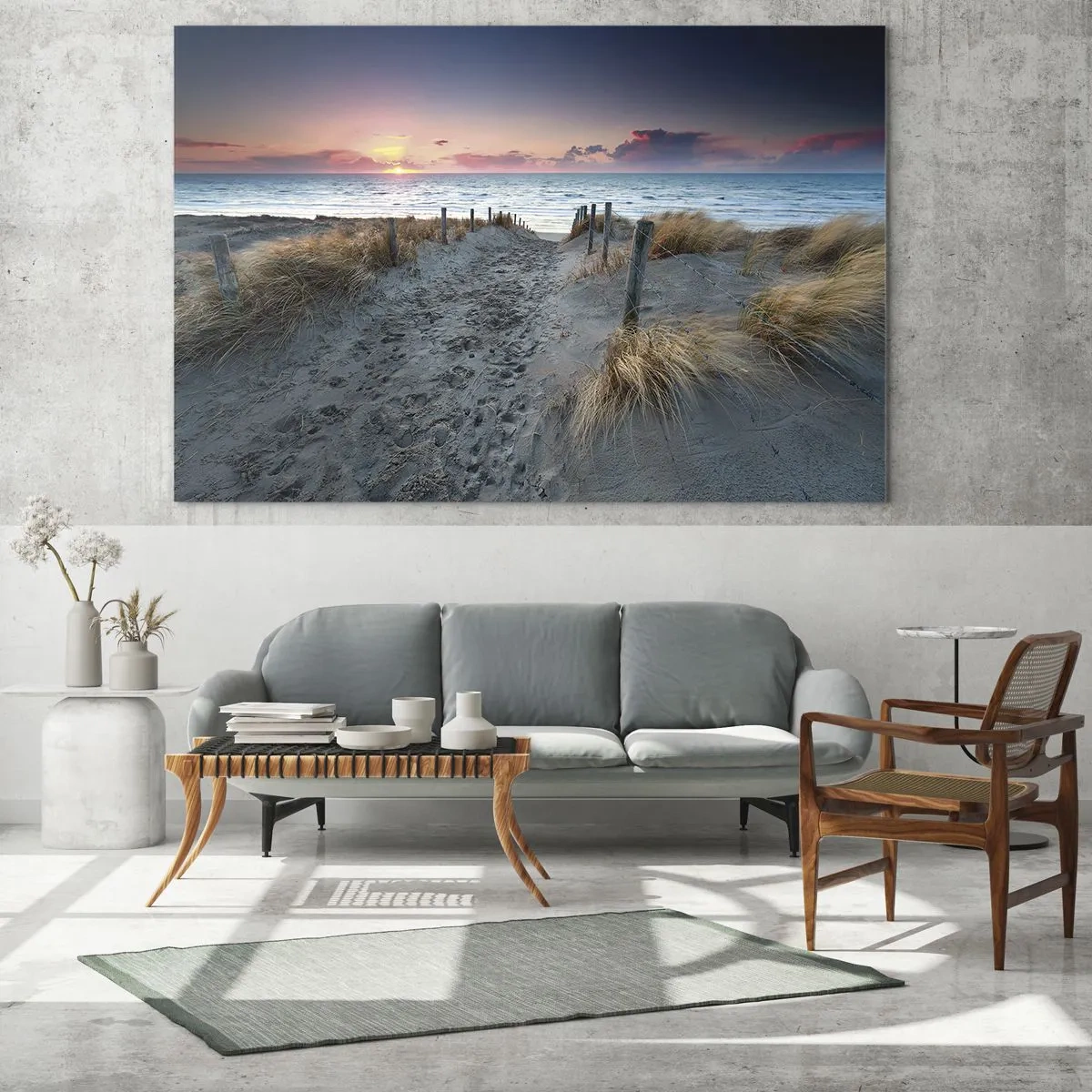 Quadro su vetro - Sentiero tra le dune che porta al mare al tramonto - 70x50cm - Hai versato un arcobaleno di luce radiosa... - Decorazione murale moderna per soggiorno e camera da letto ARTTOR