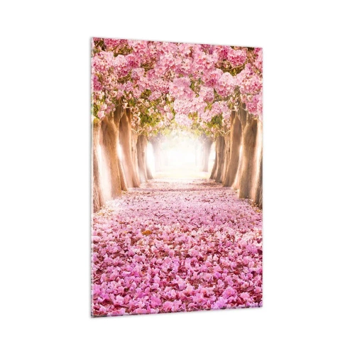 Quadro su vetro - Un viale di alberi in fiore nelle sfumature del rosa - 80x120cm - La strada verso il paradiso - Decorazione murale moderna per soggiorno e camera da letto ARTTOR