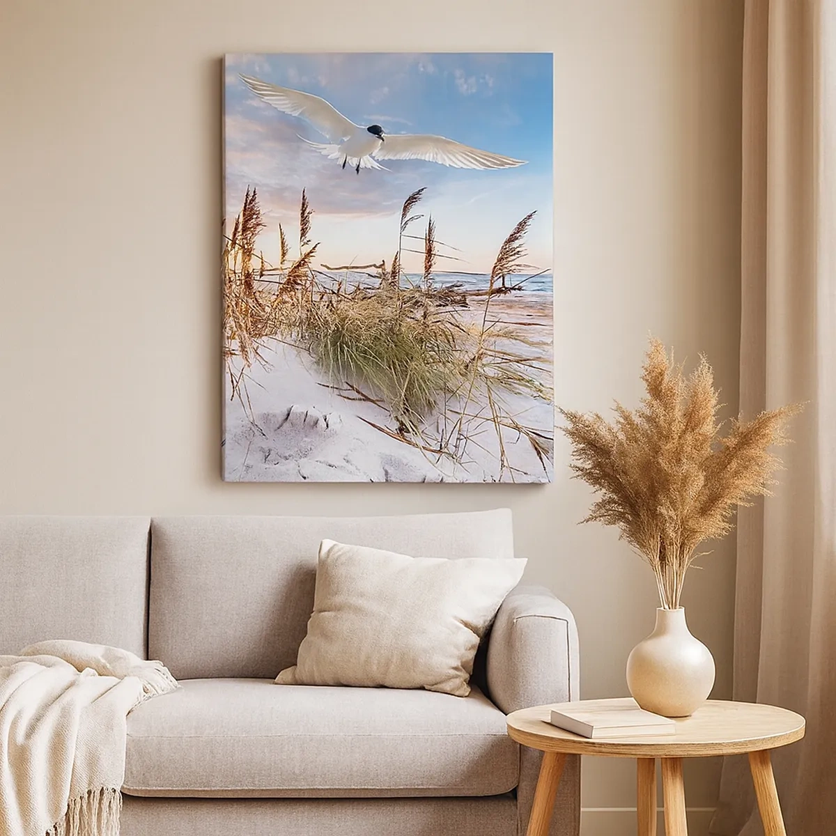 Quadro su tela - Stampe su Tela - Spiaggia con gabbiani che volano al tramonto - 50x70cm - Vento dal mare - Decorazione murale moderna per soggiorno e camera da letto ARTTOR