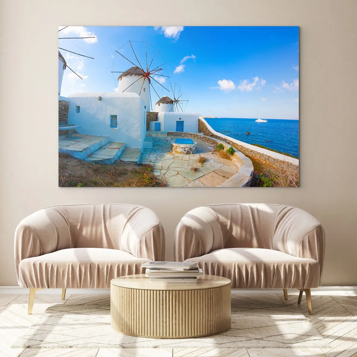 Quadro su vetro - Mulini a vento sulla costa dell'Egeo - 120x80cm - Vento azzurro sul mare - Decorazione murale moderna per soggiorno e camera da letto ARTTOR