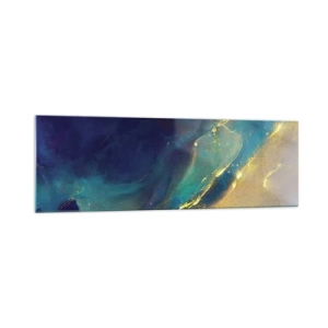 Quadro su vetro - Composizione astratta nei toni del blu e dell'oro su tela - 160x50cm - La palude dorata - Decorazione murale moderna per soggiorno e camera da letto ARTTOR