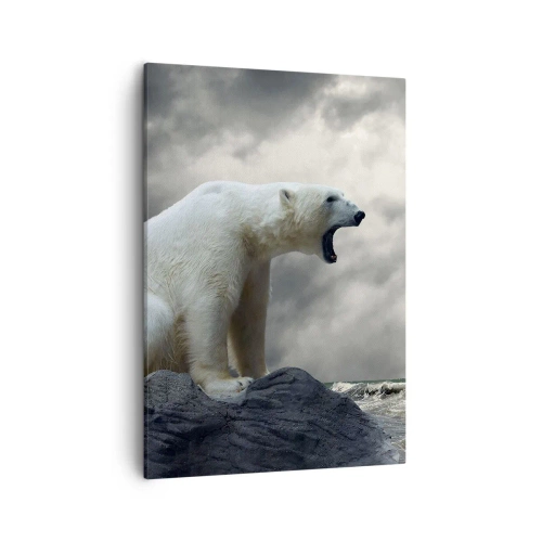 Quadro su tela - Stampe su Tela - Un orso polare sulle rocce sopra un mare in tempesta - 50x70cm - Il re solitario dell'Artide - Decorazione murale moderna per soggiorno e camera da letto ARTTOR
