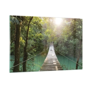 Quadro su vetro - Un ponte sospeso in una foresta tropicale illuminato dalla luce del sole. - 120x80cm - Sull'acqua azzurra verso il bosco azzurro - Decorazione murale moderna per soggiorno e camera da letto ARTTOR