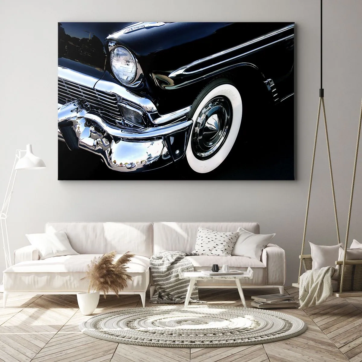 Quadro su tela - Stampe su Tela - Primo piano del faro e del parafango di un'auto classica nera - 120x80cm - Classicità in argento, nero e bianco - Decorazione murale moderna per soggiorno e camera da letto ARTTOR