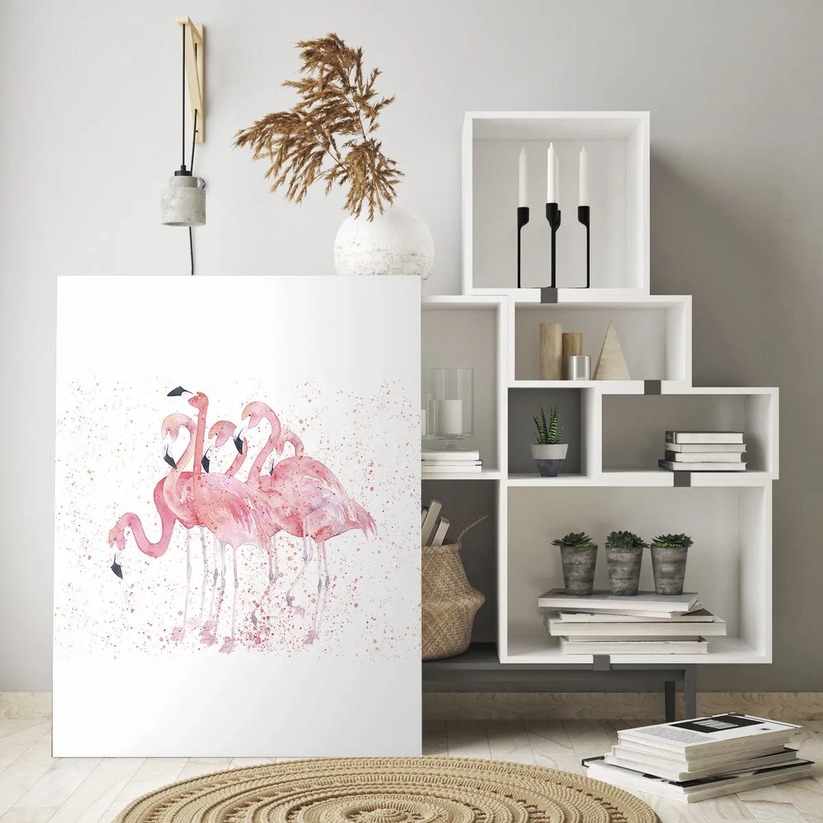 Quadro su vetro - Fenicotteri acquerellati su uno sfondo chiaro con punti delicati - 50x70cm - Gruppo in rosa - Decorazione murale moderna per soggiorno e camera da letto ARTTOR