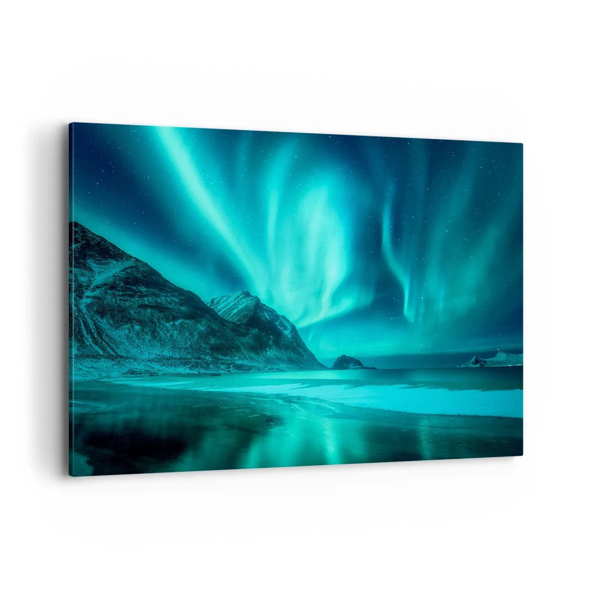 Quadro su tela - Stampe su Tela - Aurora boreale su un paesaggio invernale montuoso - 100x70cm - Miracolo del Nord - Decorazione murale moderna per soggiorno e camera da letto ARTTOR