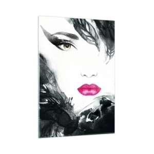 Quadro su vetro - Ritratto di una donna con labbra rosa e accenti neri - 50x70cm - Attenzione! Femme fatale - Decorazione murale moderna per soggiorno e camera da letto ARTTOR