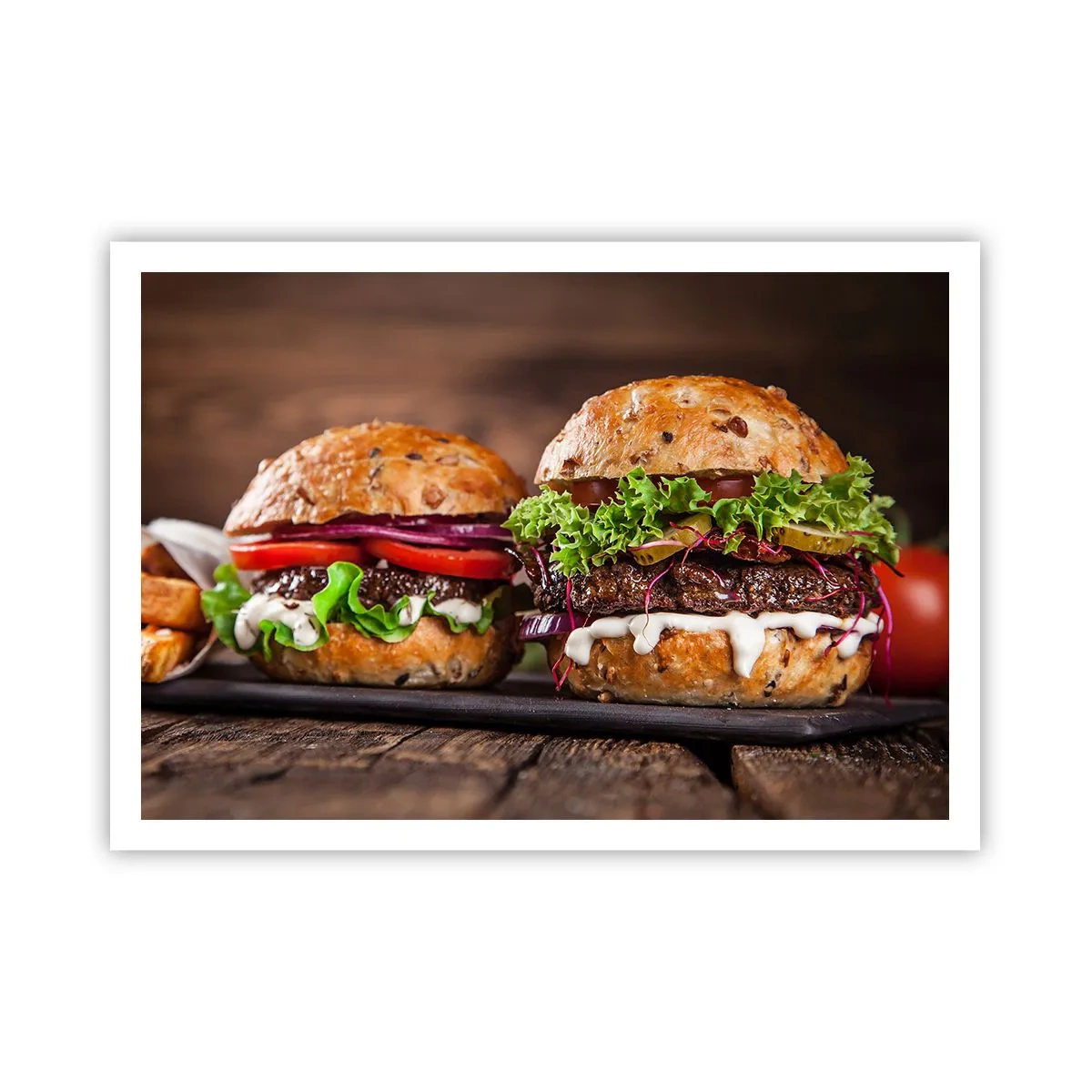 Poster - Appetitosi hamburger con verdure e salsa - 100x70cm - American dream - Decorazione murale moderna per soggiorno e camera da letto ARTTOR