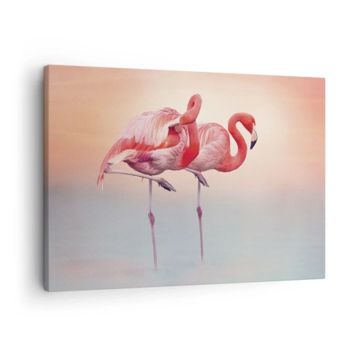 Quadro su tela - Stampe su Tela - Fenicotteri in delicati colori pastello su uno sfondo d'acqua - 70x50cm - Nel colore del sole al tramonto - Decorazione murale moderna per soggiorno e camera da letto ARTTOR