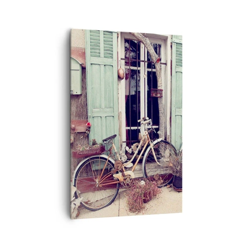 Quadro su tela - Stampe su Tela - Biciclette d'epoca davanti a una porta di legno con persiane color pastello - 80x120cm - Evviva la provincia - Decorazione murale moderna per soggiorno e camera da letto ARTTOR