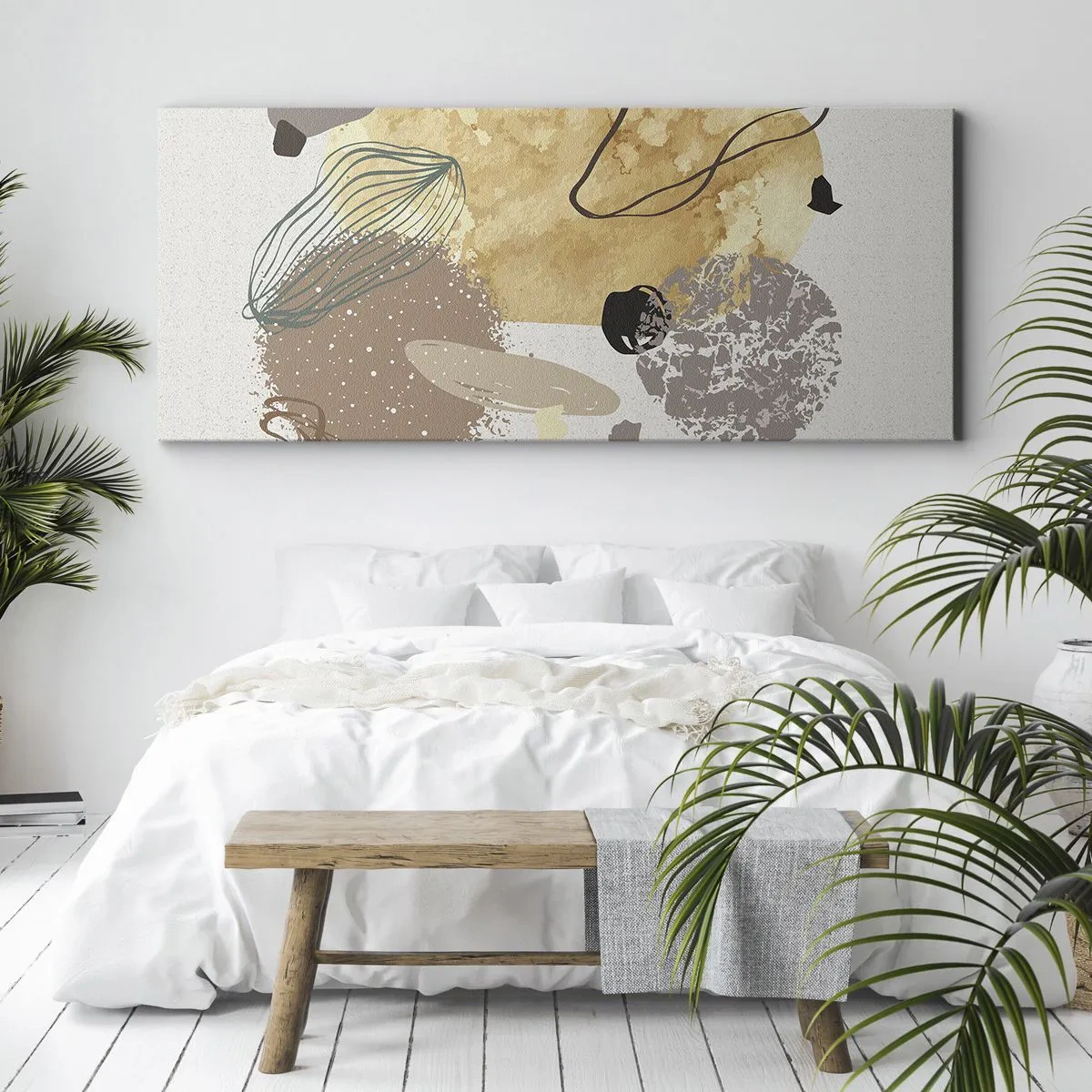Quadro su tela - Stampe su Tela - Una composizione di forme astratte nei toni del beige e del giallo. - 120x50cm - Schizzologia applicata - Decorazione murale moderna per soggiorno e camera da letto ARTTOR