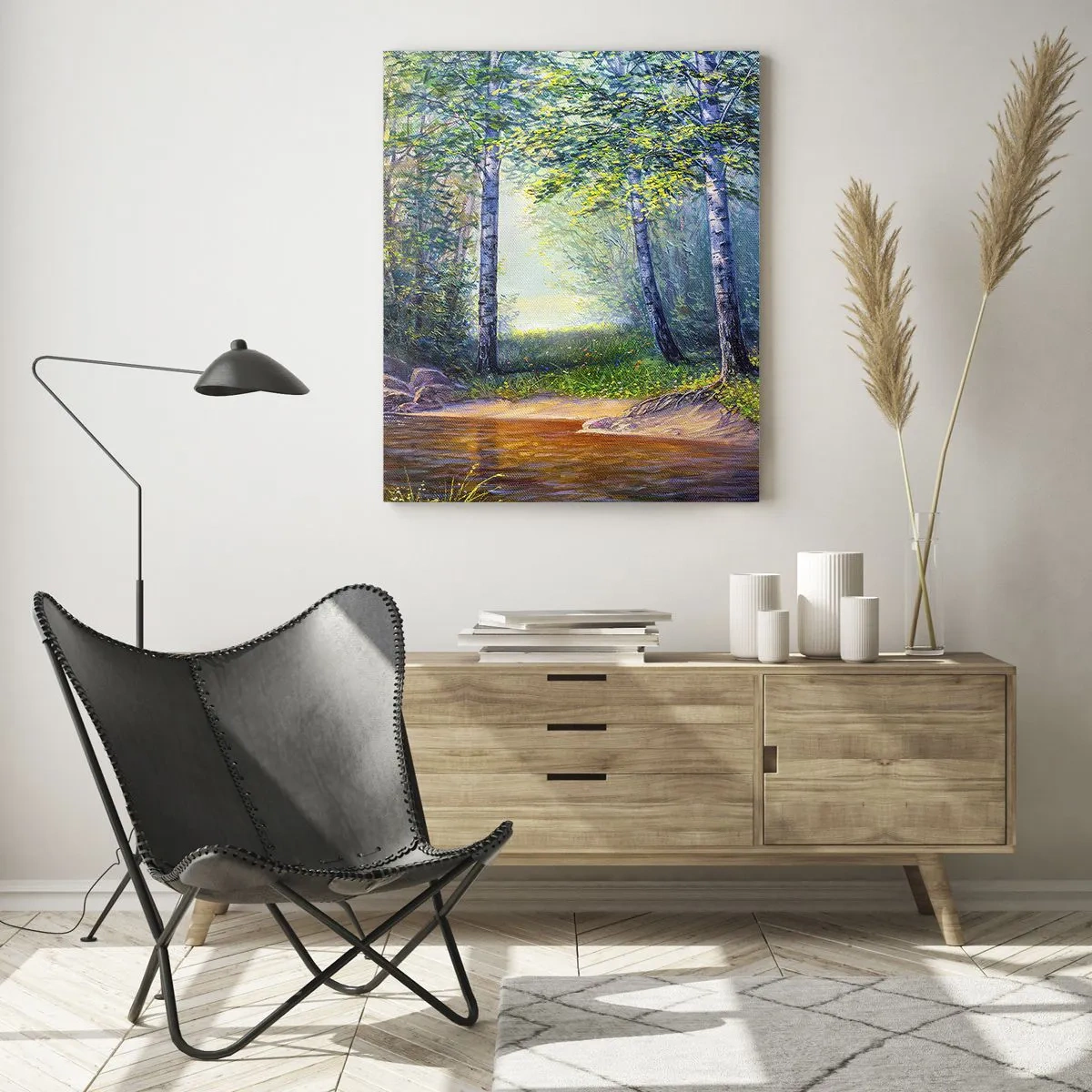 Quadro su vetro - Un ruscello nella foresta circondato da betulle e sole - 70x100cm - Scena di beatitudine - Decorazione murale moderna per soggiorno e camera da letto ARTTOR
