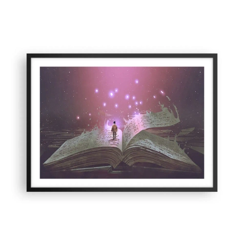 Poster in cornice nera - Una figura cammina su un libro aperto in una luce magica. - 70x50cm - Invito ad un altro mondo: leggi! - Decorazione murale moderna per soggiorno e camera da letto ARTTOR