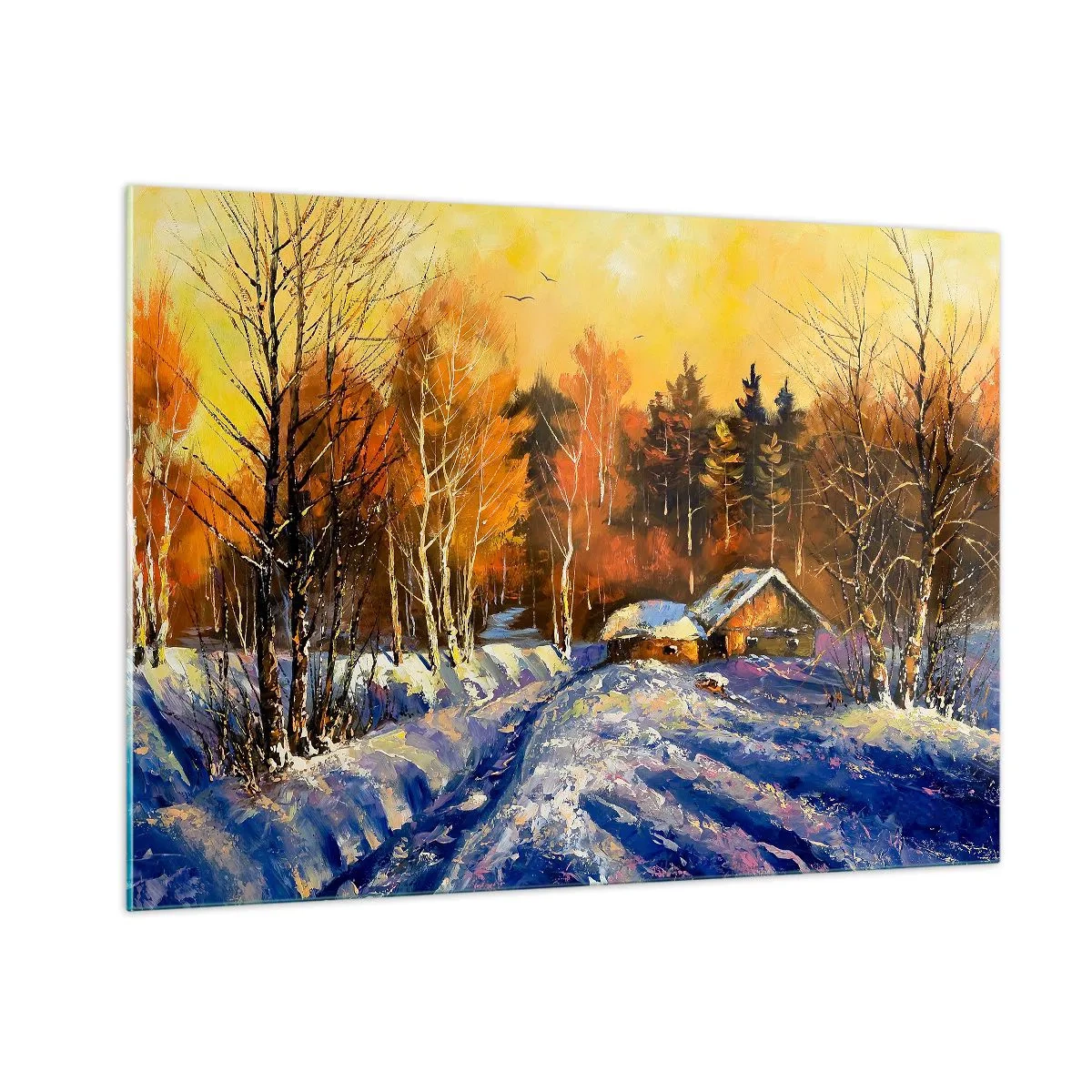 Quadro su vetro - Paesaggio invernale con una casetta di legno al tramonto - 100x70cm - Impressionismo invernale al sole - Decorazione murale moderna per soggiorno e camera da letto ARTTOR