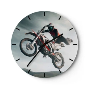 Orologio da parete - Orologio in Vetro - Un motociclista vola in aria durante un salto dinamico sulla sua moto. - 30x30cm - No risk no fun - Decorazione murale moderna per soggiorno, cucina e camera da letto ARTTOR
