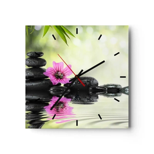Orologio da parete - Orologio in Vetro - Pietre zen e un fiore rosa riflessi nell'acqua - 30x30cm - Tempo per l'anima - Decorazione murale moderna per soggiorno e camera da letto ARTTOR