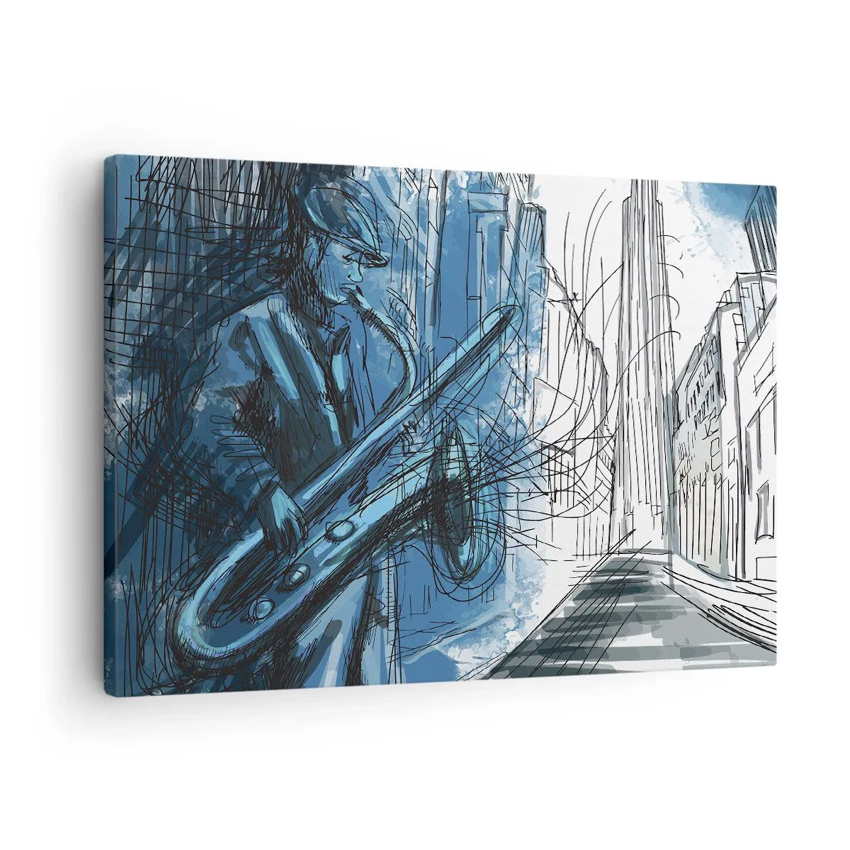 Quadro su tela - Stampe su Tela - Una figura che suona il sassofono sullo sfondo di una città - 70x50cm - Rapsodia urbana - Decorazione murale moderna per soggiorno e camera da letto ARTTOR