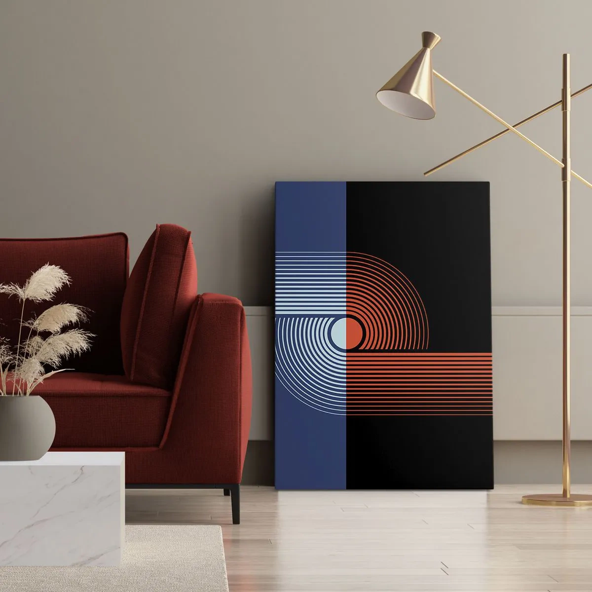 Quadro su tela - Stampe su Tela - Astrazione geometrica con linee blu navy e arancione. - 50x70cm - Nell'abbraccio geometrico - Decorazione murale moderna per soggiorno e camera da letto ARTTOR