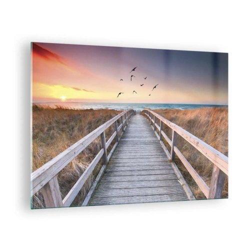 Quadro su vetro - Una passerella di legno sulle dune che conduce alla spiaggia al tramonto - 70x50cm - Spazio per volare - Decorazione murale moderna per soggiorno e camera da letto ARTTOR