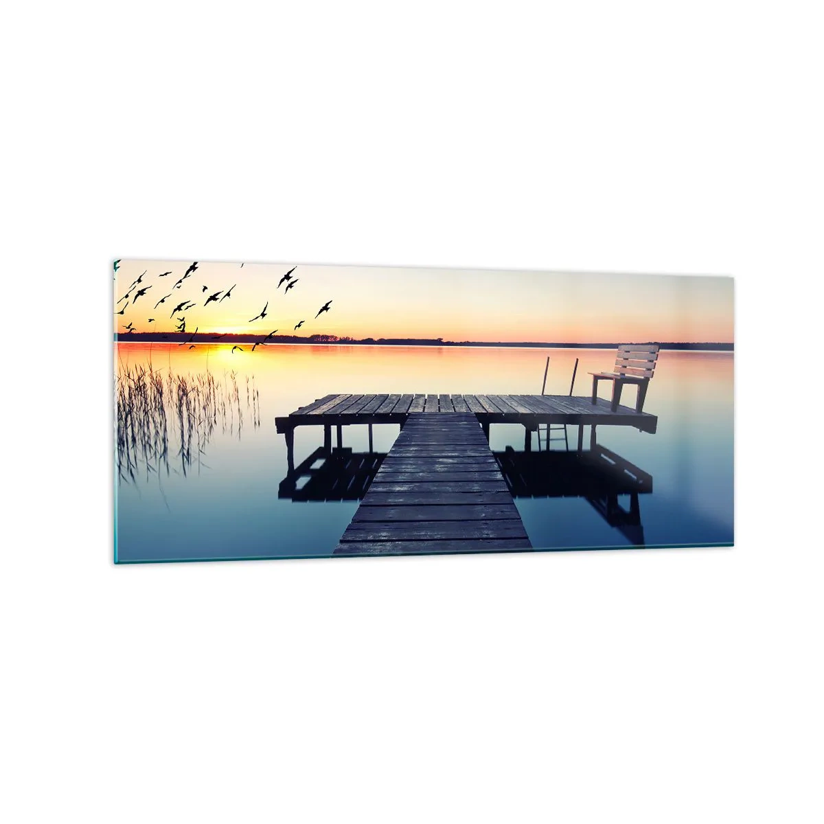 Quadro su vetro - Molo di legno su un lago all'alba con uccelli - 120x50cm - È stata una buona giornata - Decorazione murale moderna per soggiorno e camera da letto ARTTOR