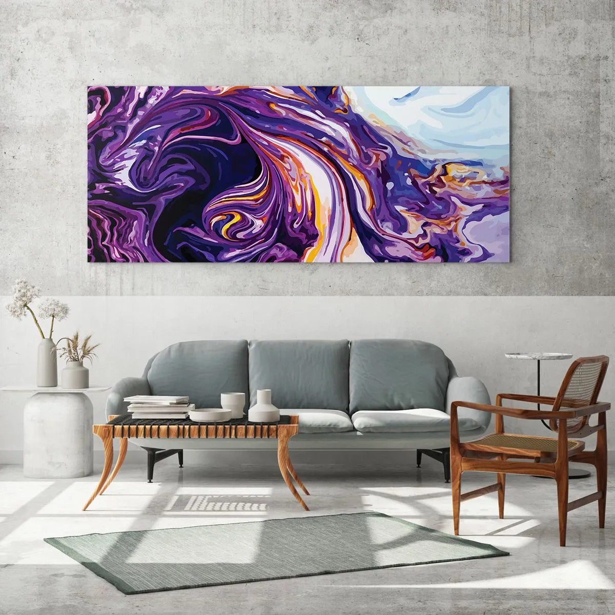 Quadro su vetro - Un motivo astratto dinamico nelle tonalità del viola e del giallo. - 140x50cm - Curvatura dello spazio in viola - Decorazione murale moderna per soggiorno e camera da letto ARTTOR