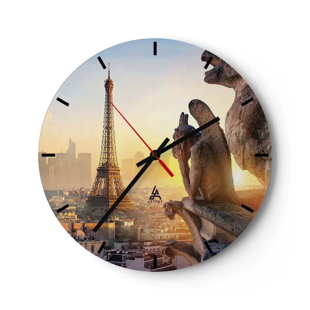 Orologio da parete - Orologio in Vetro - Panorama della città al tramonto con vista sulla torre e sulle sculture - 30x30cm - Tante cose sono cambiate... - Decorazione murale moderna per soggiorno, cucina e camera da letto ARTTOR