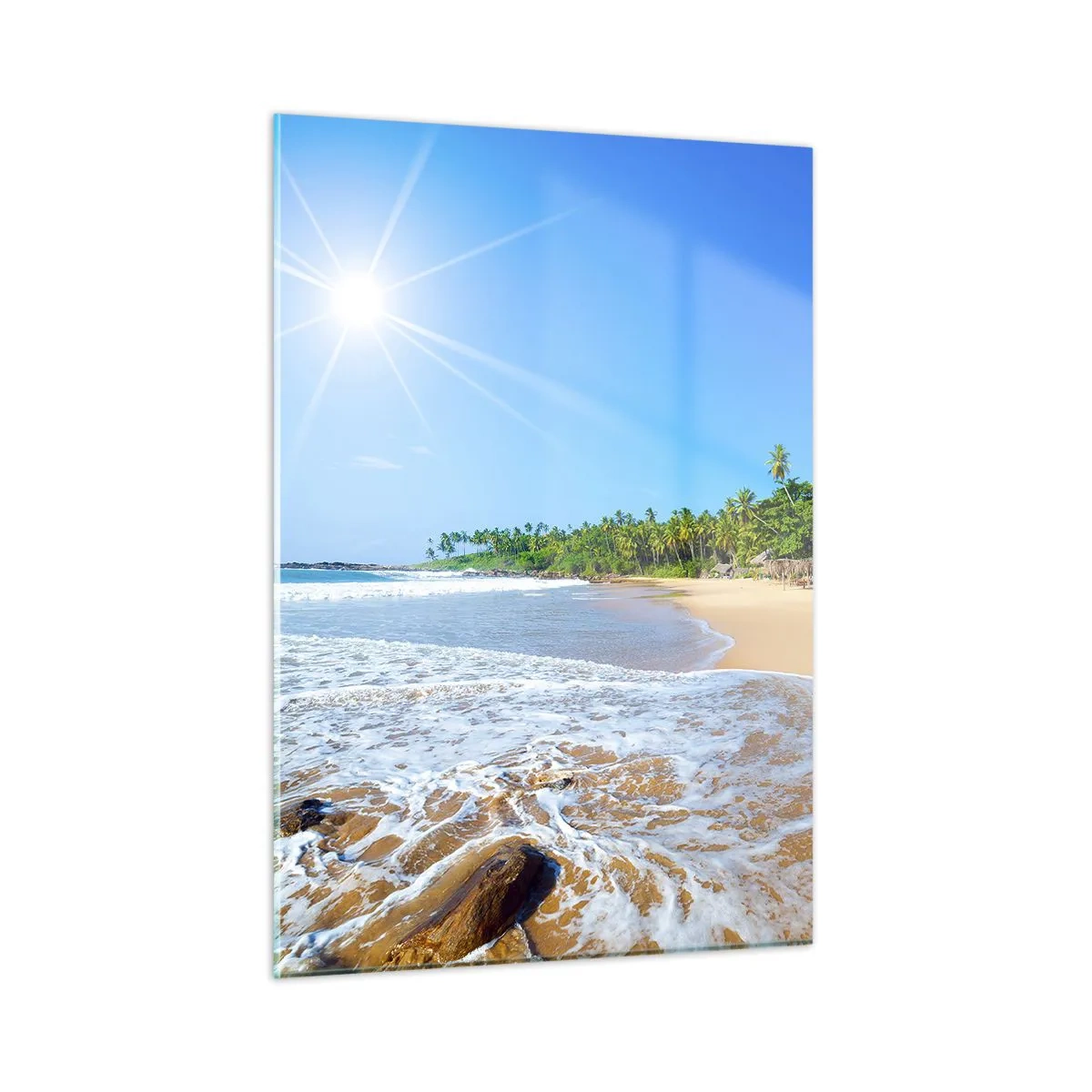 Quadro su vetro - Spiaggia tropicale con palme e onde sotto un cielo azzurro - 50x70cm - Un luogo esotico per te - Decorazione murale moderna per soggiorno e camera da letto ARTTOR