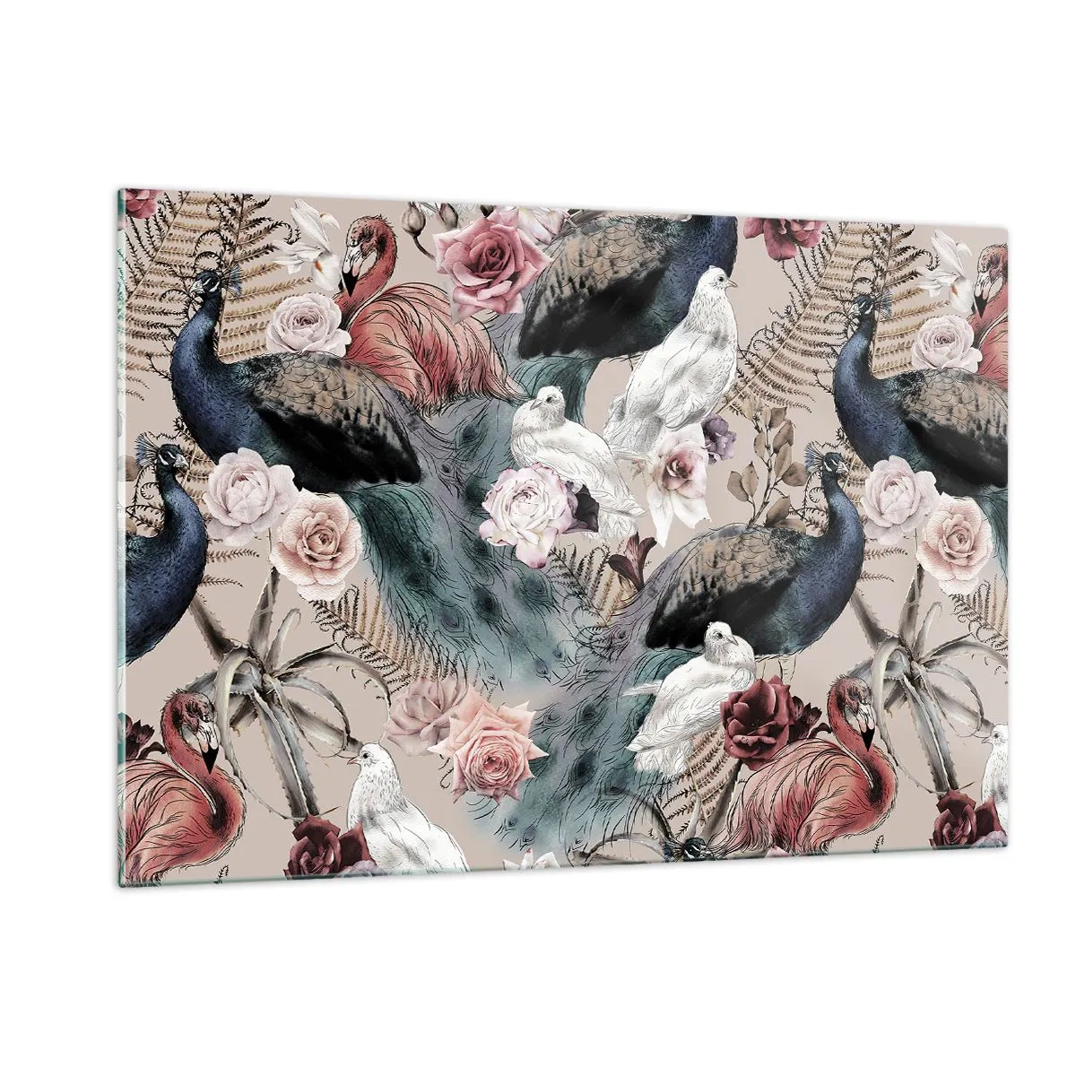 Quadro su vetro - Pavoni e fenicotteri circondati da rose e felci - 120x80cm - Nel giardino del palazzo - Decorazione murale moderna per soggiorno e camera da letto ARTTOR