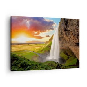 Quadro su tela - Stampe su Tela - Una cascata in un paesaggio pittoresco al tramonto - 70x50cm - Nel mezzo dell'estate islandese - Decorazione murale moderna per soggiorno e camera da letto ARTTOR