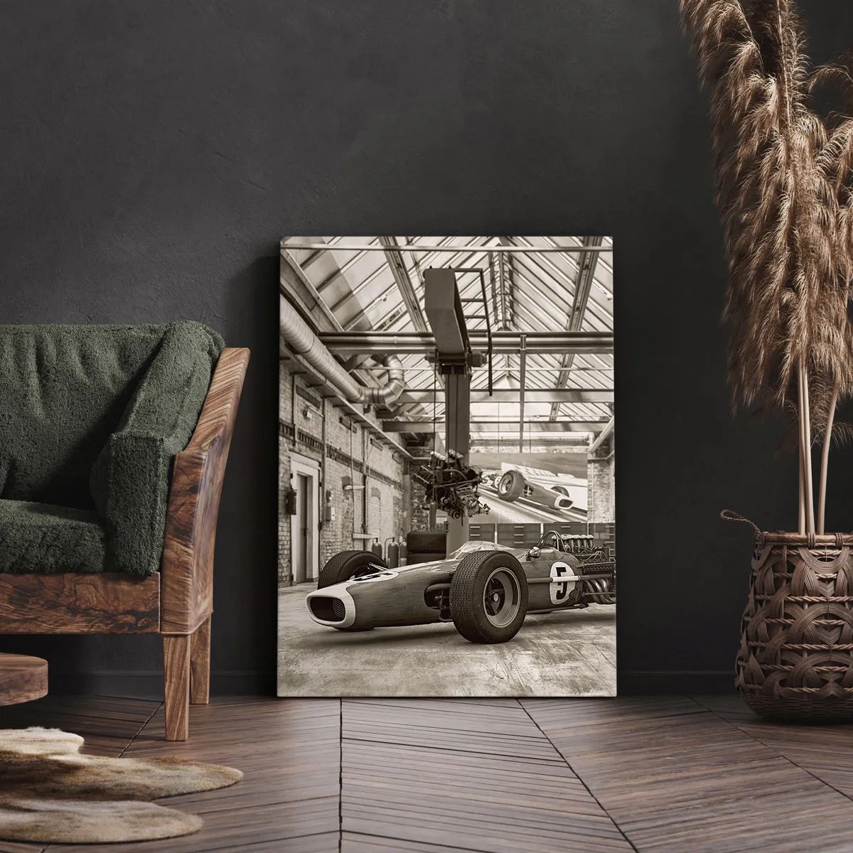 Quadro su tela - Stampe su Tela - Auto da corsa in bianco e nero in un interno industriale - 80x120cm - Il riposo del vincitore - Decorazione murale moderna per soggiorno e camera da letto ARTTOR